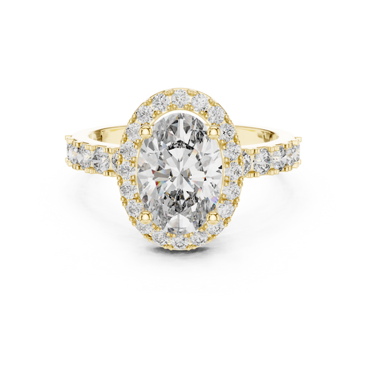 Gold ring with a large oval-cut diamond center stone, a sparkling diamond halo, and pavé-set side stones on a white background.