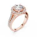 Side angle view of a 1.25 CT round cut lab grown diamond halo engagement ring with a pave split shank in rose gold