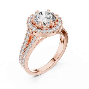 Side angle view of a 1.25 CT round cut lab grown diamond halo engagement ring with a pave split shank in rose gold