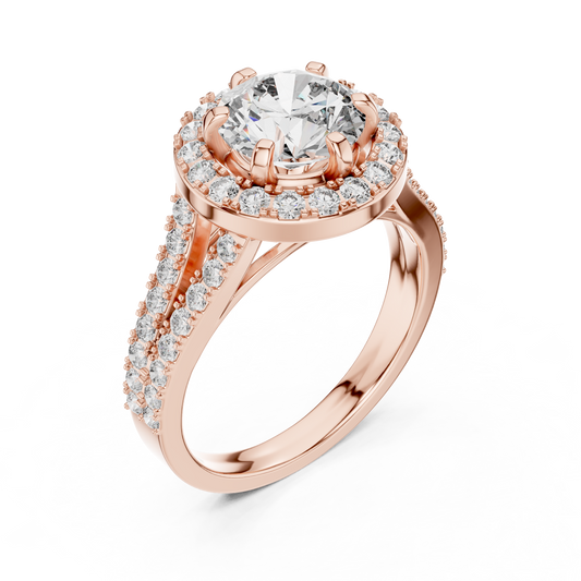 Side angle view of a 1.25 CT round cut lab grown diamond halo engagement ring with a pave split shank in rose gold