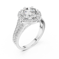 Side angle view of a 1.25 CT round cut lab grown diamond halo engagement ring with a pave split shank in white gold