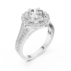 Side angle view of a 1.25 CT round cut lab grown diamond halo engagement ring with a pave split shank in white gold
