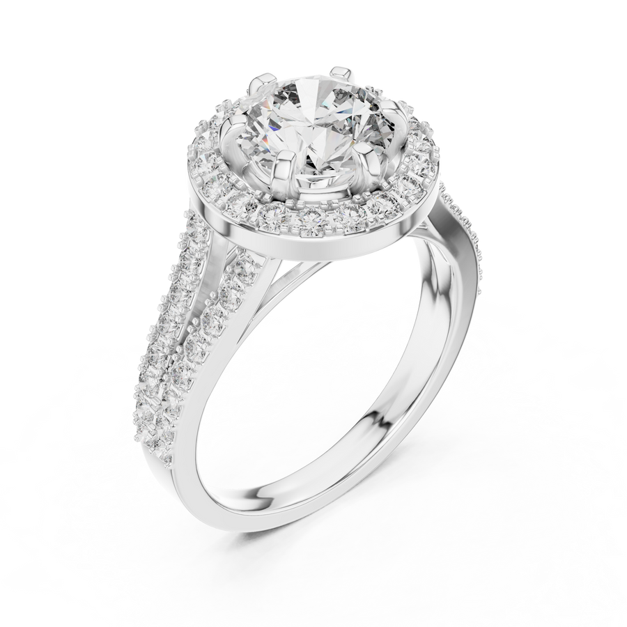 Side angle view of a 1.25 CT round cut lab grown diamond halo engagement ring with a pave split shank in white gold