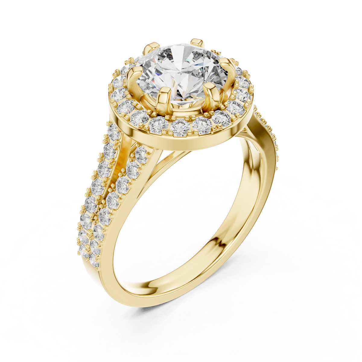 Side angle view of a 1.25 CT round cut lab grown diamond halo engagement ring with a pave split shank in yellow gold