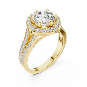 Side angle view of a 1.25 CT round cut lab grown diamond halo engagement ring with a pave split shank in yellow gold