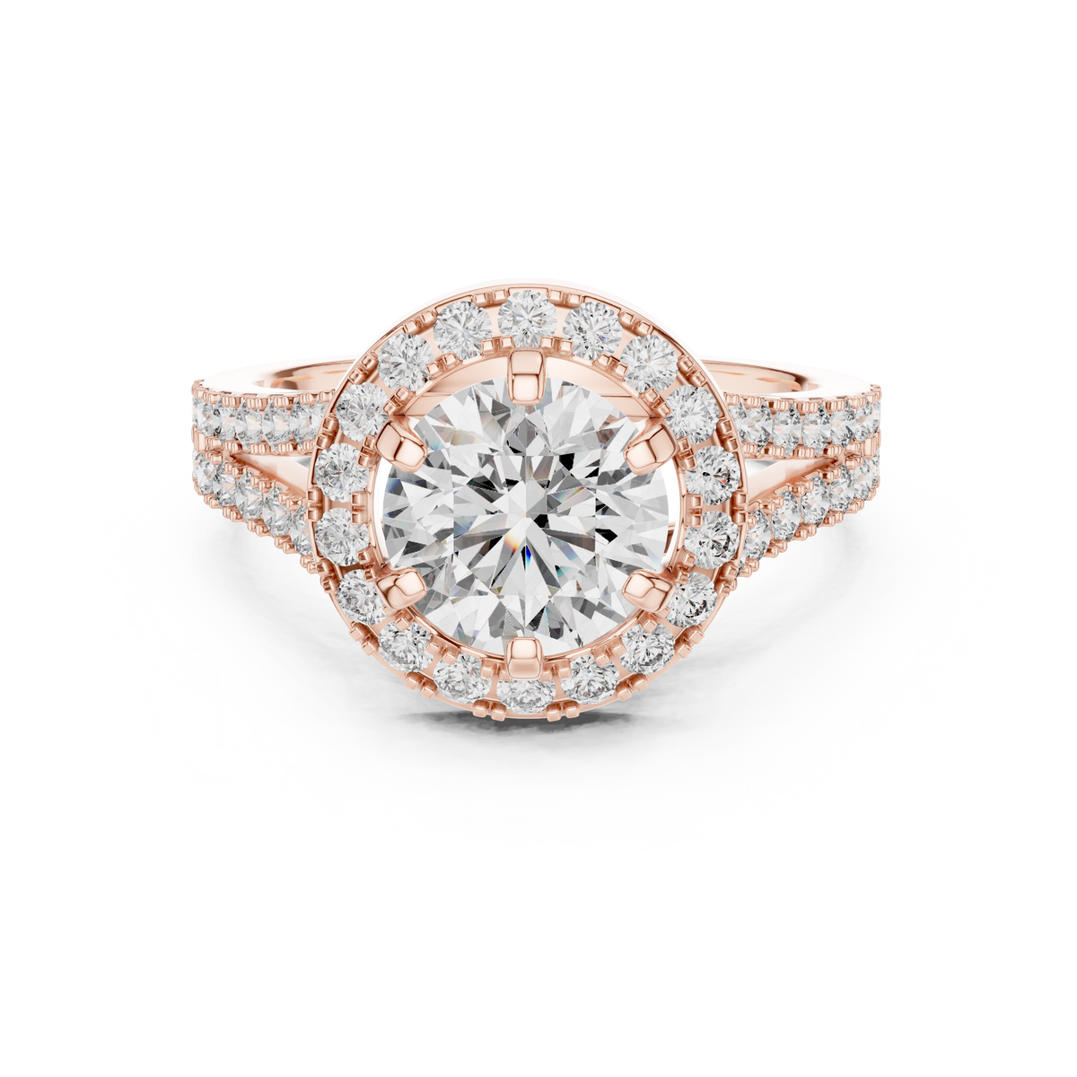 1.25 CT Round Cut Lab Grown Diamond Halo Split Shank Engagement Ring in Rose Gold