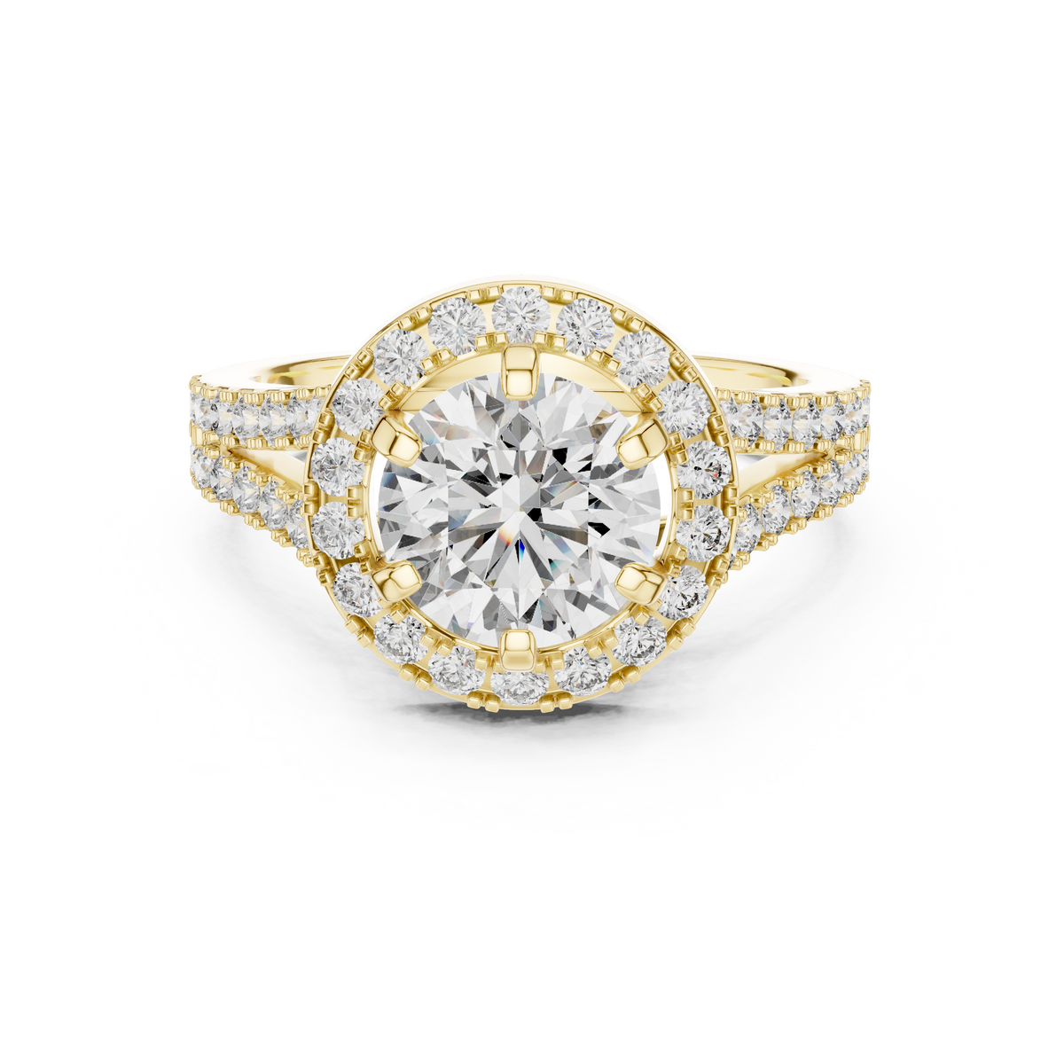 1.25 CT Round Cut Lab Grown Diamond Halo Split Shank Engagement Ring in Yellow Gold