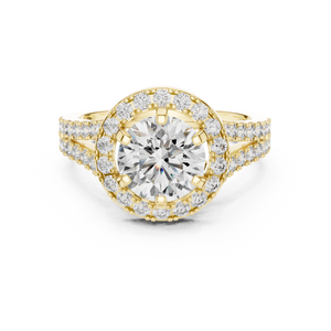 1.25 CT Round Cut Lab Grown Diamond Halo Split Shank Engagement Ring in Yellow Gold