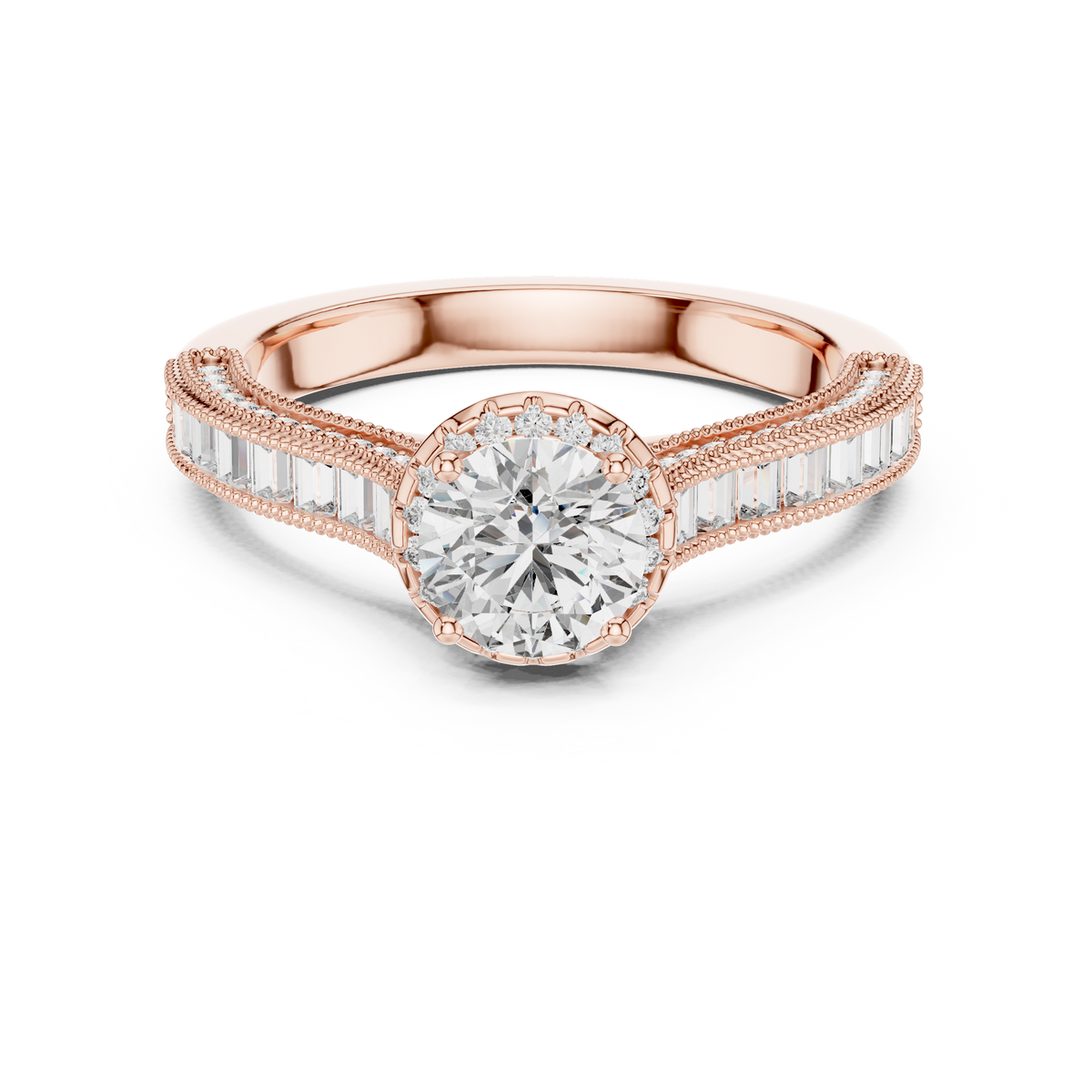 0.65 CT Round Cut Lab Grown Diamond Halo Baguette Engagement Ring in Rose Gold