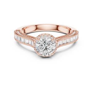 0.65 CT Round Cut Lab Grown Diamond Halo Baguette Engagement Ring in Rose Gold