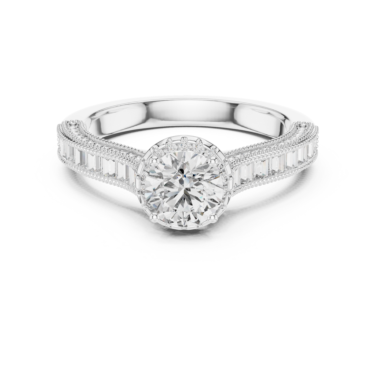 0.65 CT Round Cut Lab Grown Diamond Halo Baguette Engagement Ring in White Gold