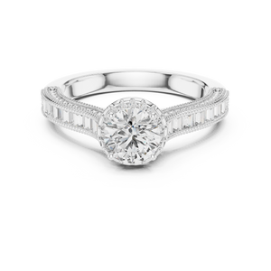 0.65 CT Round Cut Lab Grown Diamond Halo Baguette Engagement Ring in White Gold