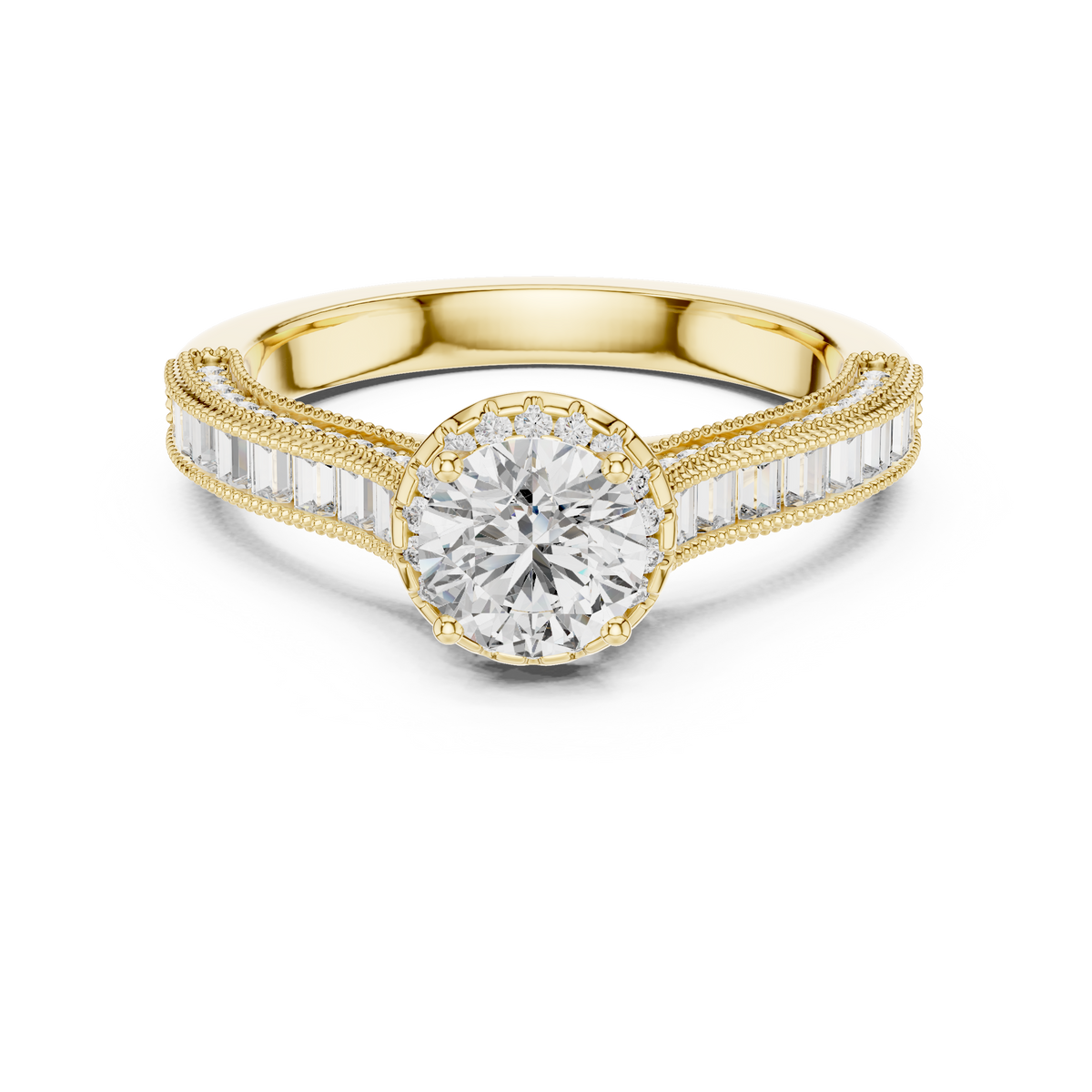 0.65 CT Round Cut Lab Grown Diamond Halo Baguette Engagement Ring in Yellow Gold
