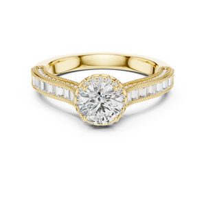 0.65 CT Round Cut Lab Grown Diamond Halo Baguette Engagement Ring in Yellow Gold
