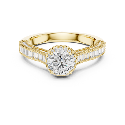 0.65 CT Round Cut Lab Grown Diamond Halo Baguette Engagement Ring in Yellow Gold
