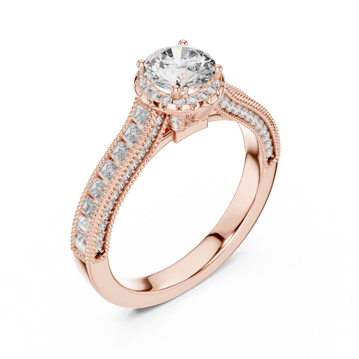 Side angle view of a 0.65 CT round cut lab grown diamond halo baguette engagement ring in rose gold
