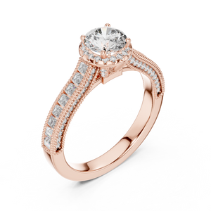 Side angle view of a 0.65 CT round cut lab grown diamond halo baguette engagement ring in rose gold