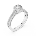 Side angle view of a 0.65 CT round cut lab grown diamond halo baguette engagement ring in white gold