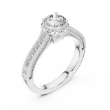 Side angle view of a 0.65 CT round cut lab grown diamond halo baguette engagement ring in white gold