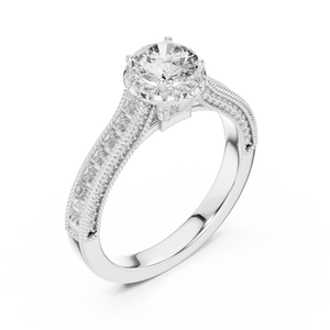 Side angle view of a 0.65 CT round cut lab grown diamond halo baguette engagement ring in white gold