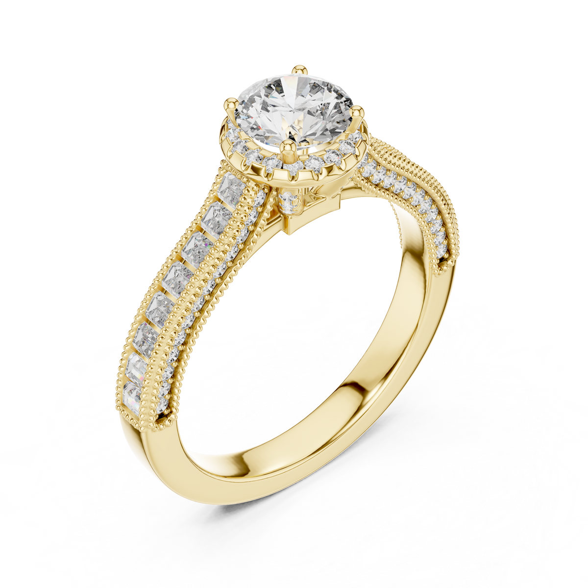 Side angle view of a 0.65 CT round cut lab grown diamond halo baguette engagement ring in yellow gold