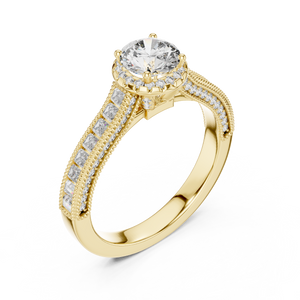 Side angle view of a 0.65 CT round cut lab grown diamond halo baguette engagement ring in yellow gold