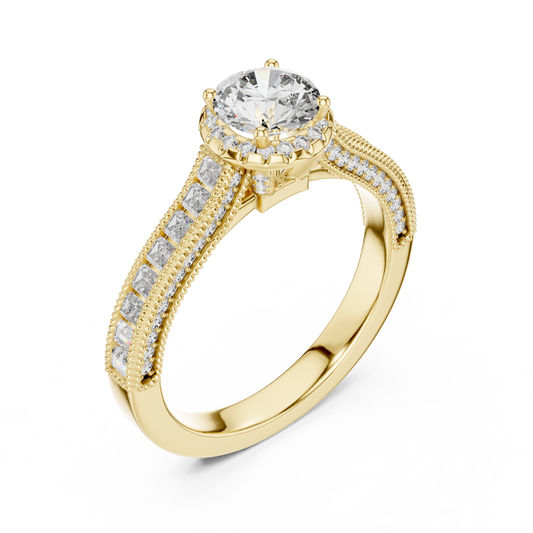 Side angle view of a 0.65 CT round cut lab grown diamond halo baguette engagement ring in yellow gold