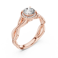 0.70 carat round cut lab grown diamond halo engagement ring with milgrain twisted band in rose gold.
