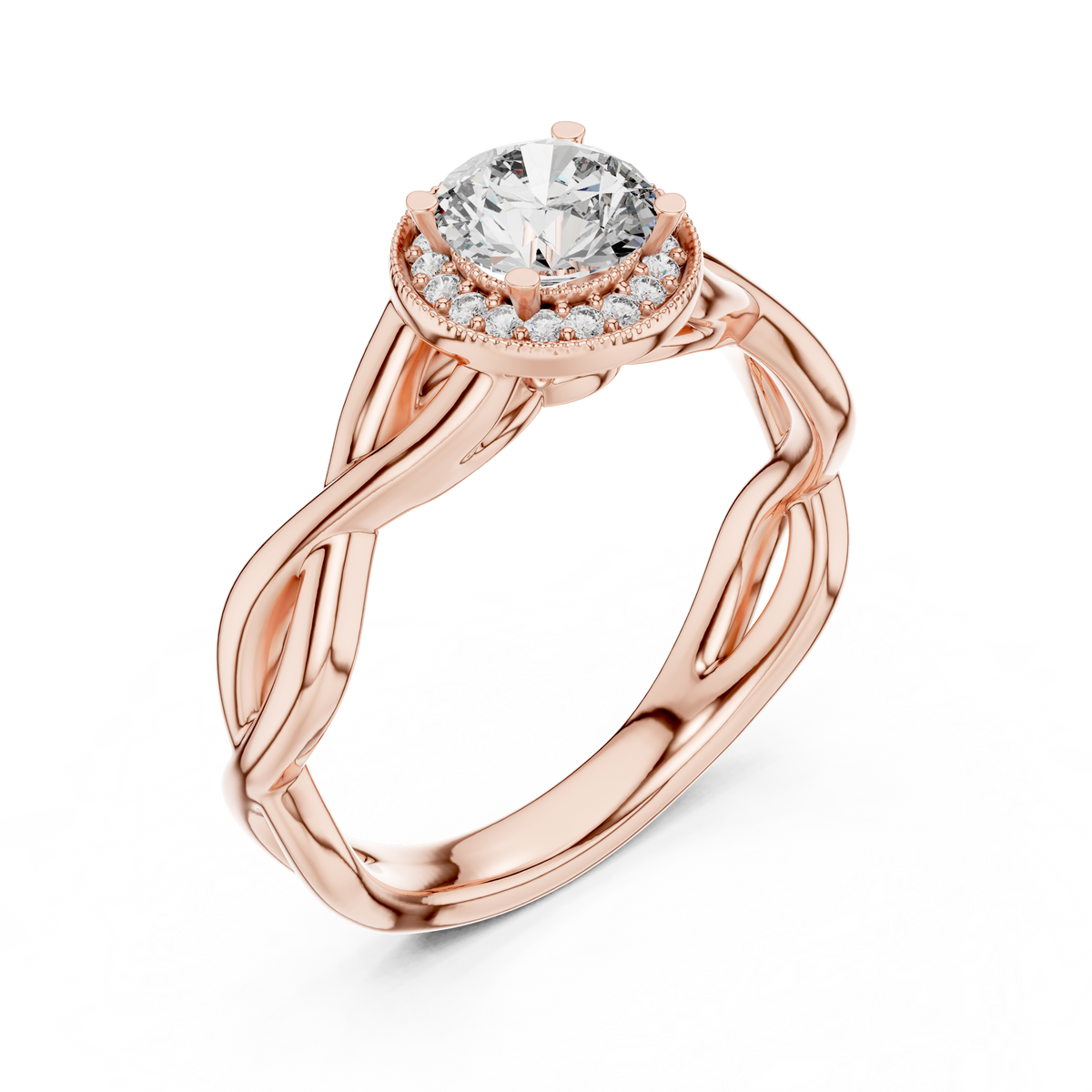 0.70 carat round cut lab grown diamond halo engagement ring with milgrain twisted band in rose gold.