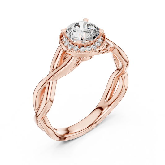 0.70 carat round cut lab grown diamond halo engagement ring with milgrain twisted band in rose gold.