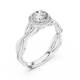 0.70 CT round lab grown diamond engagement ring in white gold with halo and twisted band
