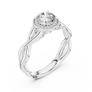 0.70 CT round lab grown diamond engagement ring in white gold with halo and twisted band