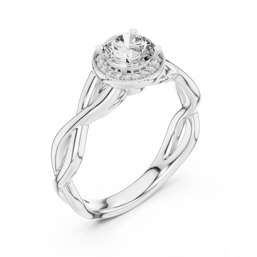 0.70 CT round lab grown diamond engagement ring in white gold with halo and twisted band
