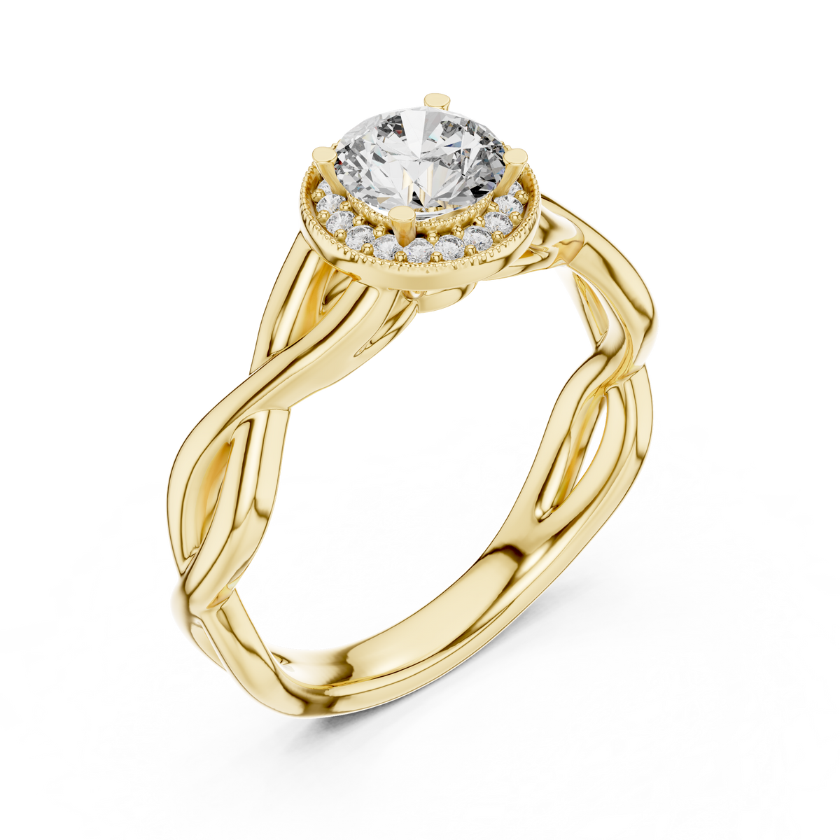 0.70 CT round lab grown diamond engagement ring in yellow gold with halo and twisted band