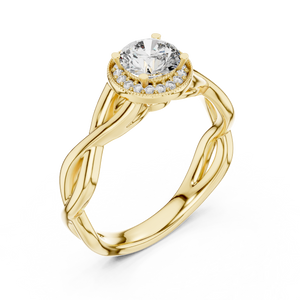 0.70 CT round lab grown diamond engagement ring in yellow gold with halo and twisted band