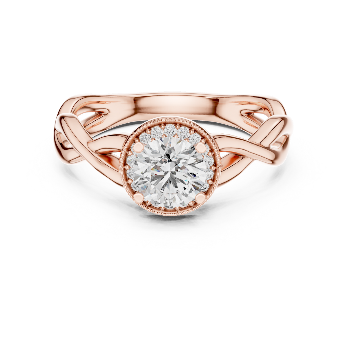 0.70 CT Round Cut Lab Grown Diamond Halo Twisted Band Engagement Ring in Rose Gold