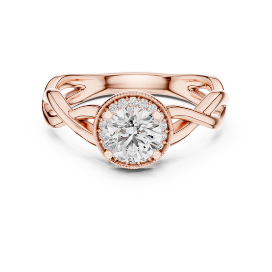 0.70 CT Round Cut Lab Grown Diamond Halo Twisted Band Engagement Ring in Rose Gold