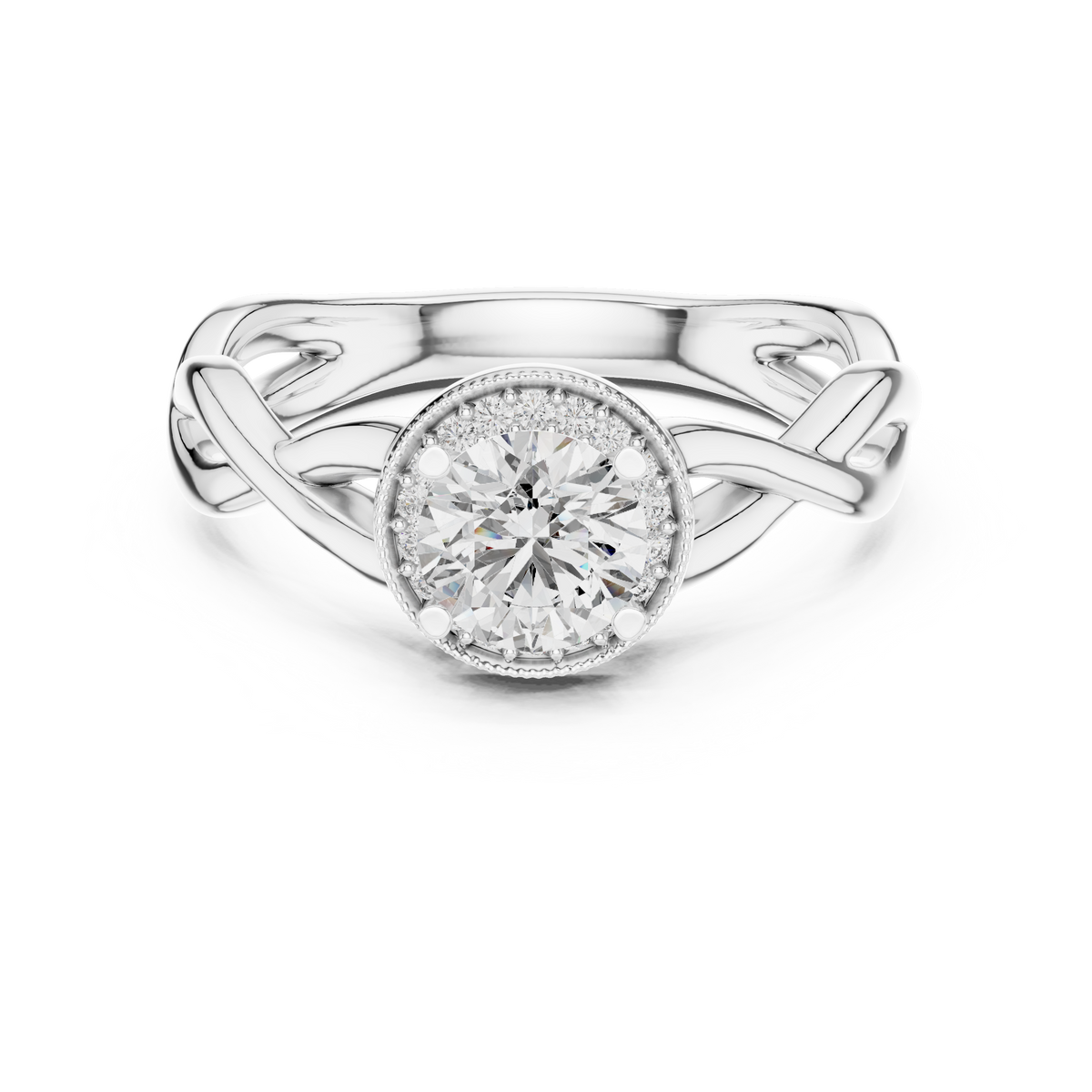 0.70 CT round lab grown diamond engagement ring in rose gold with halo and twisted band