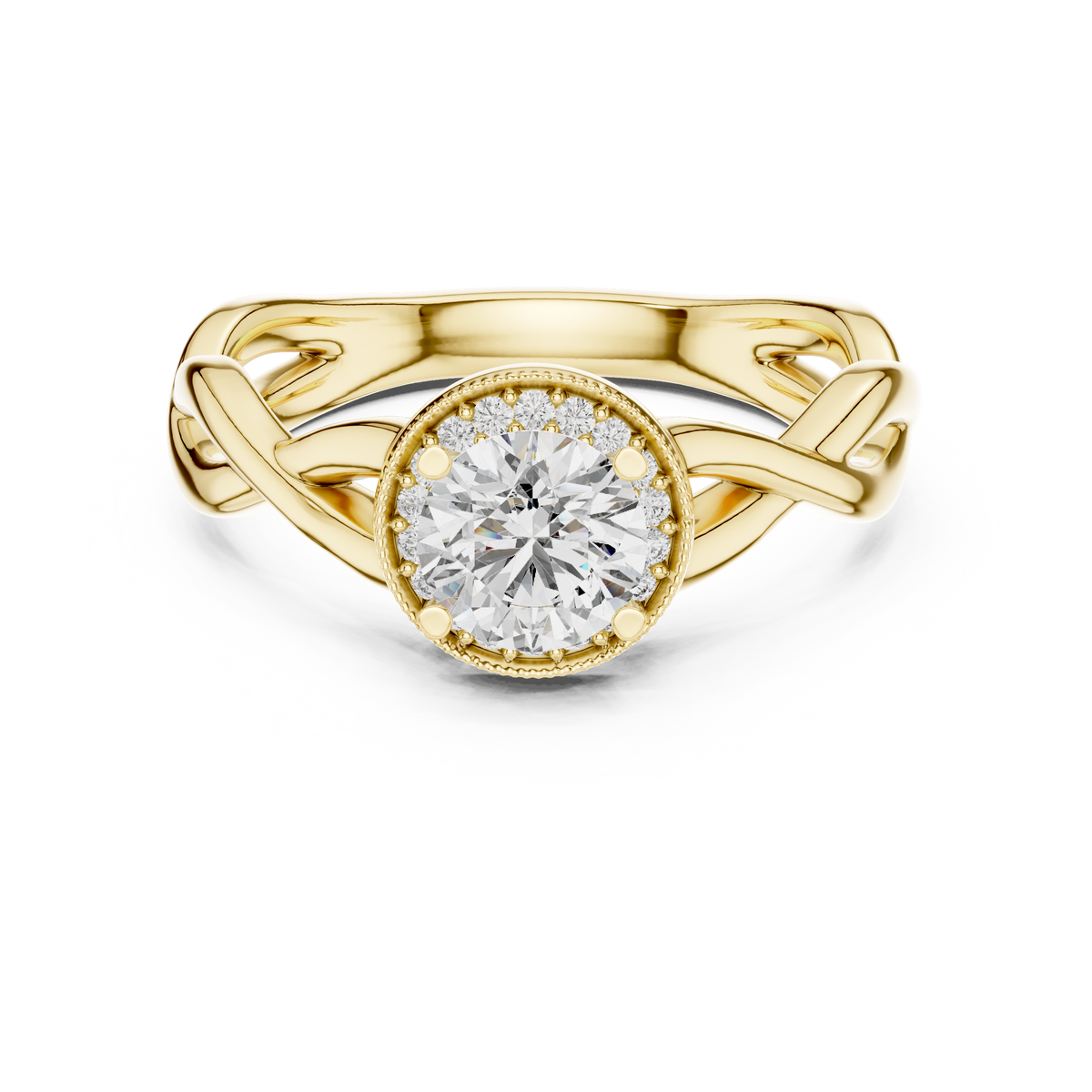 0.70 CT round lab grown diamond engagement ring in yellow gold with halo and twisted band