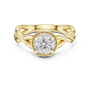 0.70 CT round lab grown diamond engagement ring in yellow gold with halo and twisted band