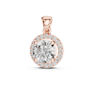 Rose gold pendant featuring a round cut lab-grown diamond with halo setting