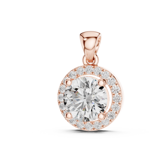 Rose gold pendant featuring a round cut lab-grown diamond with halo setting