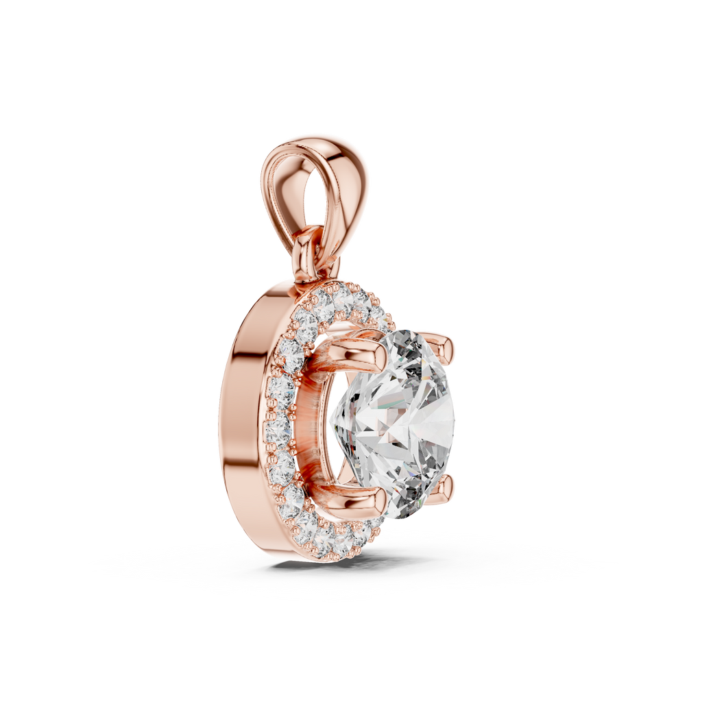 Angled view of rose gold round solitaire lab-grown diamond halo pendant
