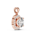 Angled view of rose gold round solitaire lab-grown diamond halo pendant