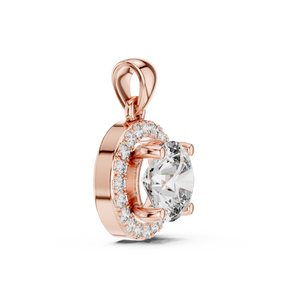 Angled view of rose gold round solitaire lab-grown diamond halo pendant