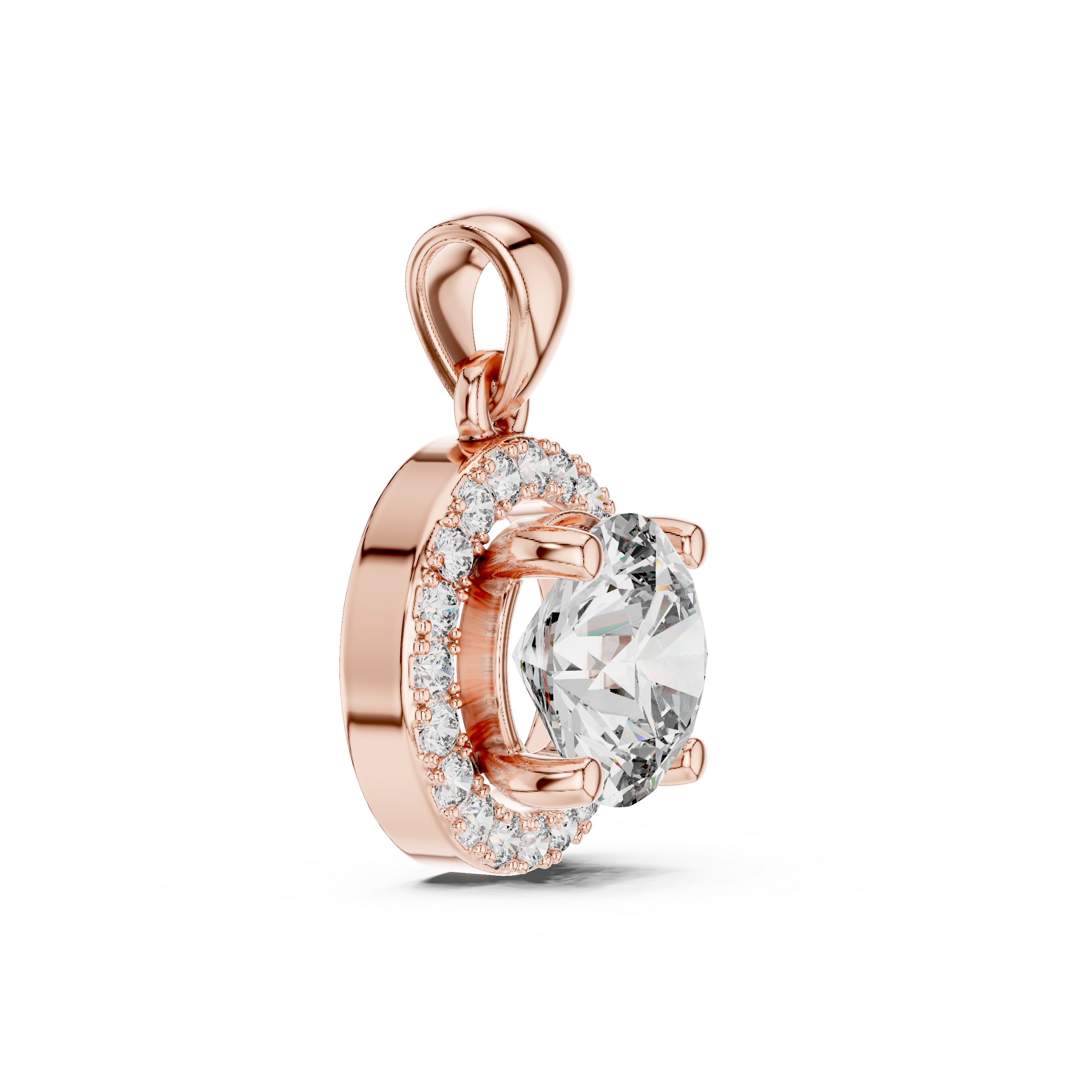 Angled view of rose gold round solitaire lab-grown diamond halo pendant