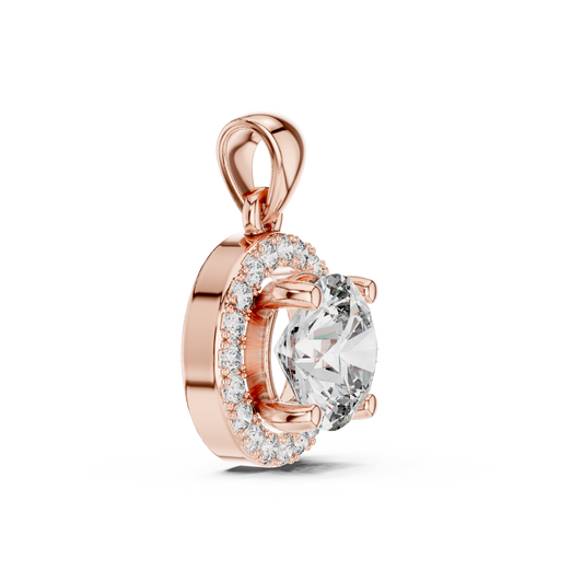 Angled view of rose gold round solitaire lab-grown diamond halo pendant