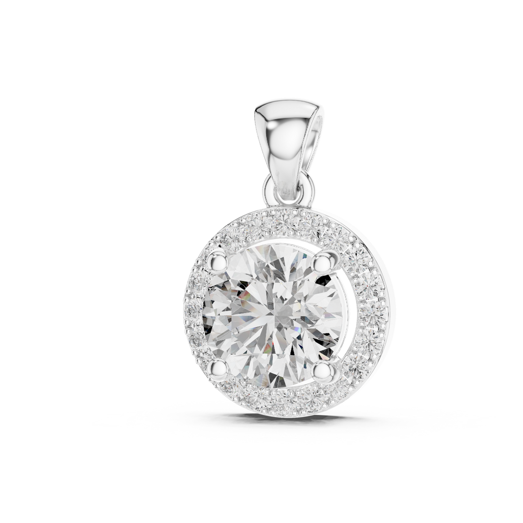 White gold pendant featuring a round cut lab-grown diamond with halo setting