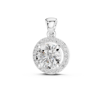 White gold pendant featuring a round cut lab-grown diamond with halo setting