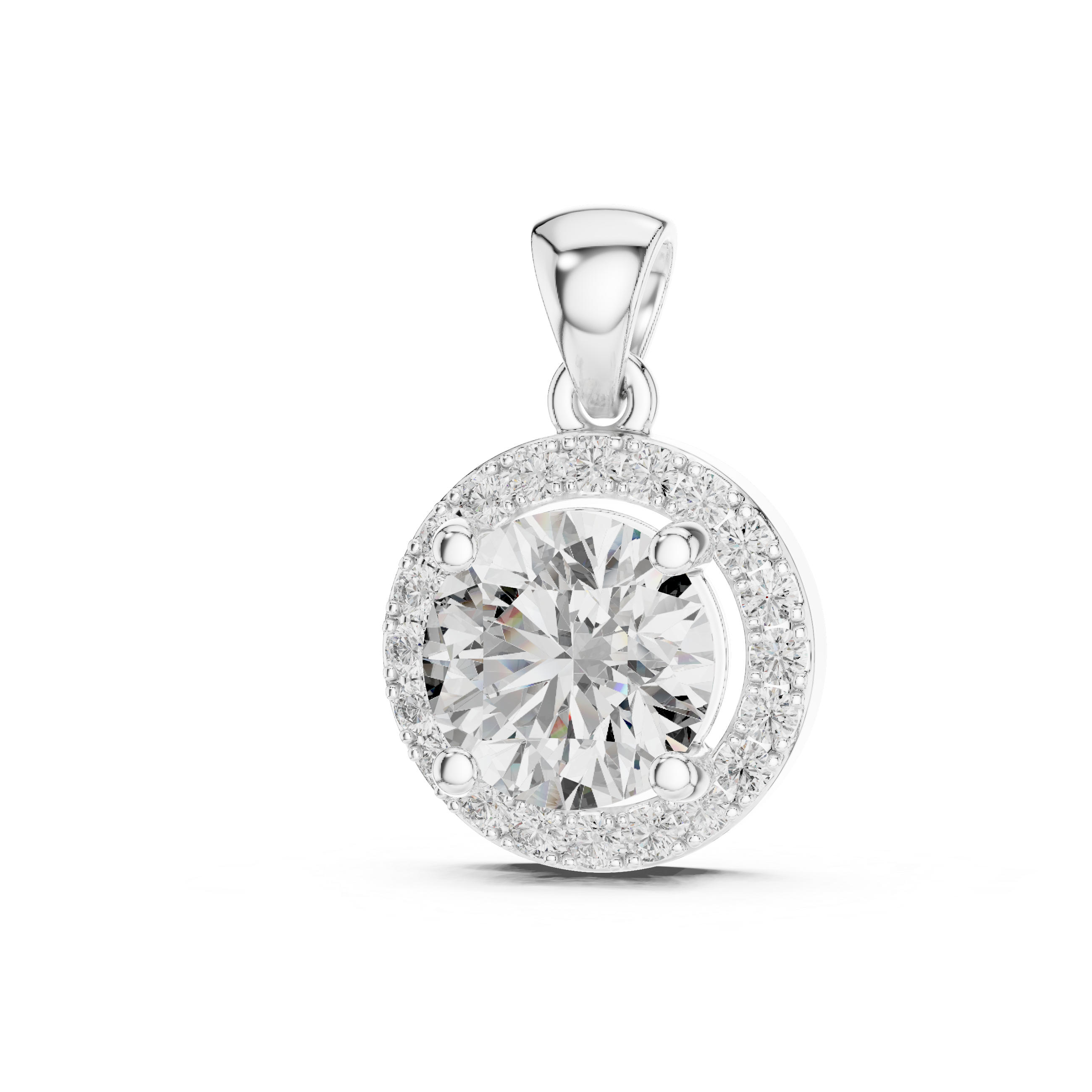 White gold pendant featuring a round cut lab-grown diamond with halo setting